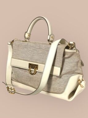 Salvatore Ferragamo Cream Canvas and Leather Satchel with Gold Hardware
